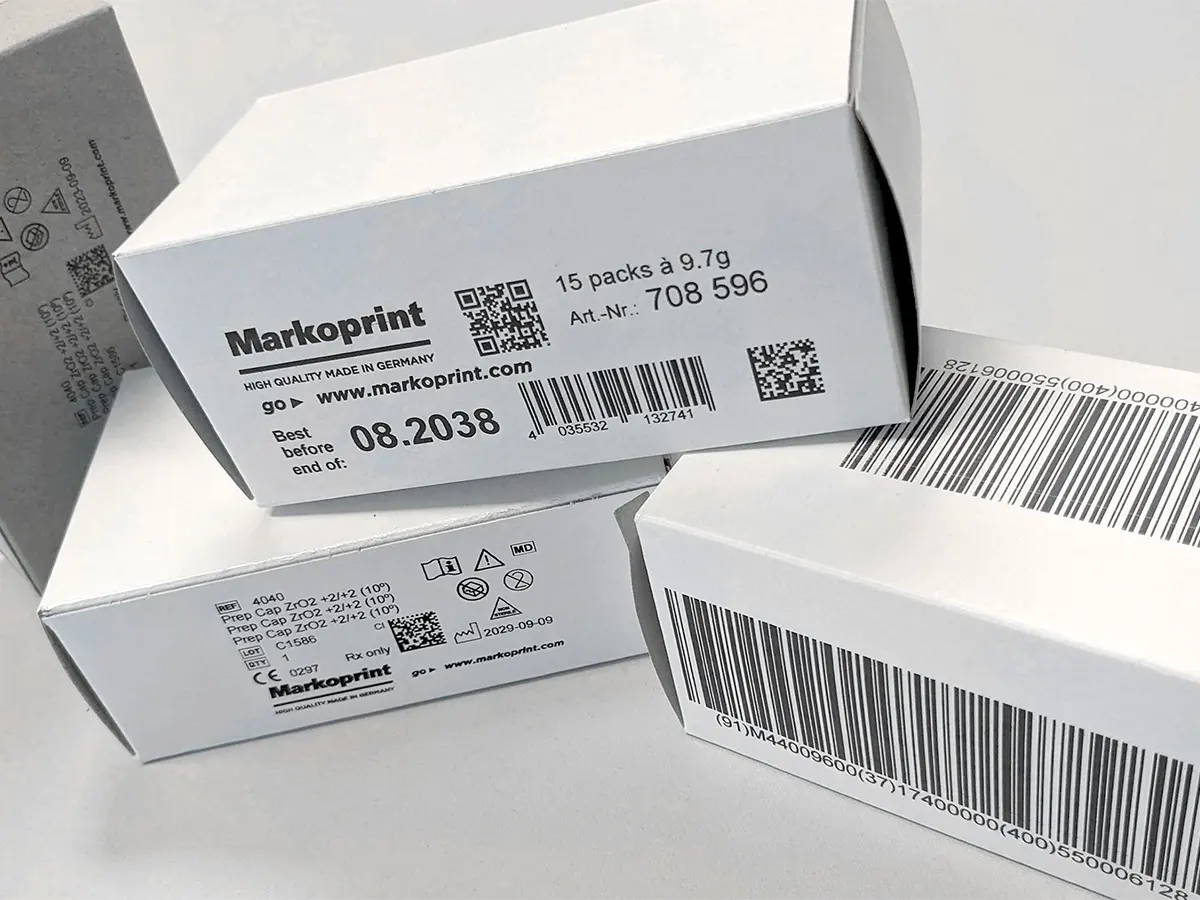 Маркировка фармацевтических коробок штрихкодом и DataMatrix принтером Markoprint